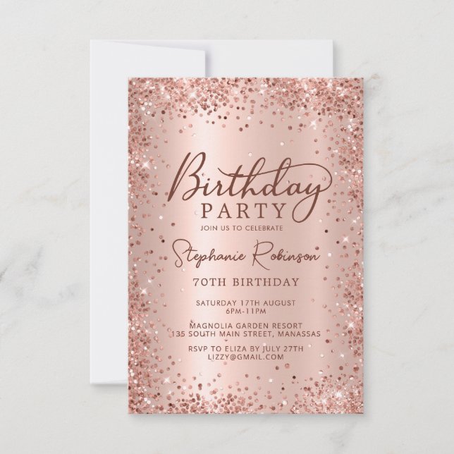 Elegant Metal Rose Gold Glitter 70th Birthday  Invitation (Front)