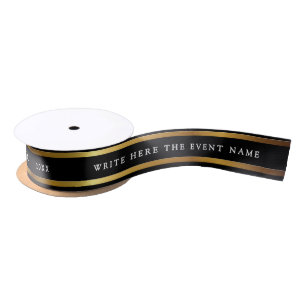 Elegant Metallic Black And Gold Shimmer White Typo Satin Ribbon
