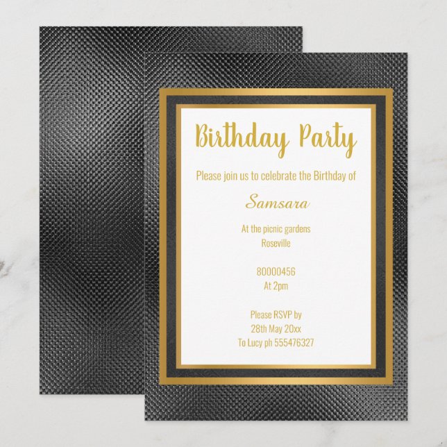 ELEGANT METALLIC BLACK & GOLD EMBOSSED BIRTHDAY INVITATION (Front/Back)