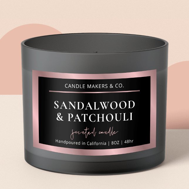 Elegant Metallic Black & Rose Gold Script Candle Sticker (Elegant black and rose gold large rectangle candle jar label)