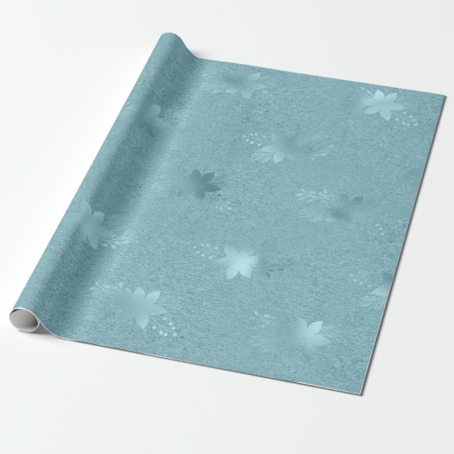 Elegant metallic blue Christmas floral pattern Wrapping Paper (Unrolled)
