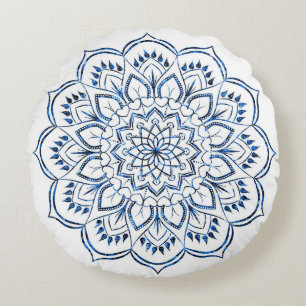 Elegant Metallic Blue Mandala Decorative Round Pillow
