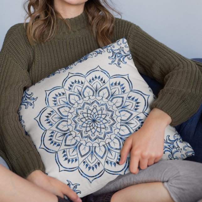 Elegant Metallic Blue Mandala Decorative Throw Pillow (Creator Uploaded)