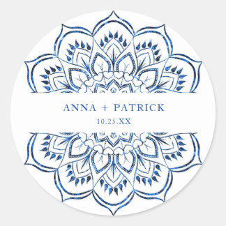 Elegant Metallic Blue Mandala Personalized Classic Round Sticker