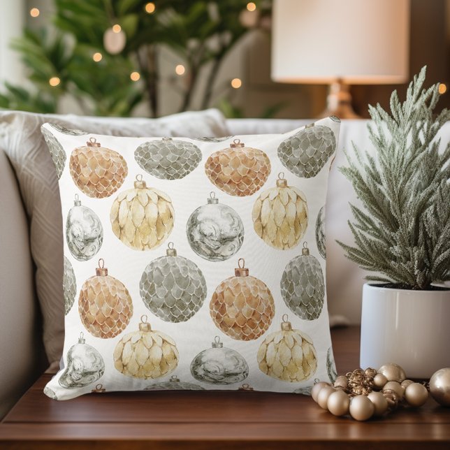 Elegant Metallic Christmas Ornaments Pattern Throw Pillow (Creator Uploaded)