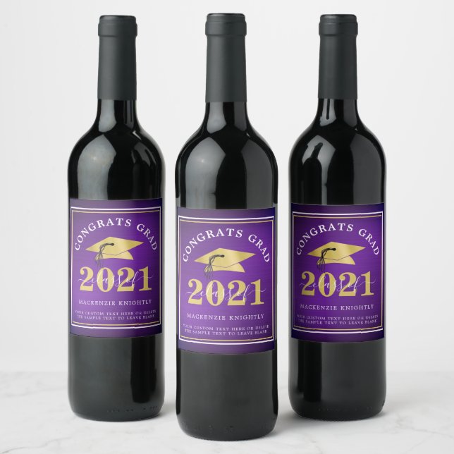 Elegant Metallic Class Year Purple Gold Graduation Wine Label (Bottles)