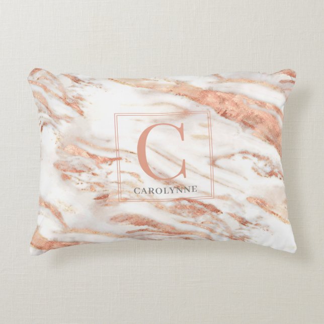 Elegant Metallic Copper Rose Gold Marble Monogram Accent Pillow (Front)
