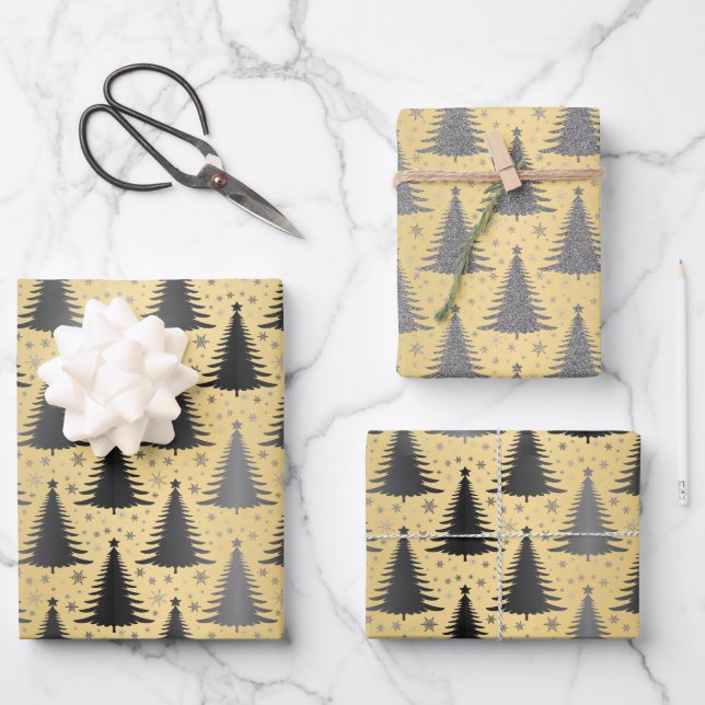 Elegant Metallic Gold Black Christmas Tree Pattern Wrapping Paper Sheet (Front)
