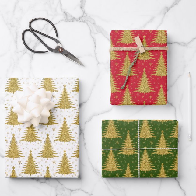 Elegant Metallic Gold Christmas Trees Pattern Wrapping Paper Sheet (Front)