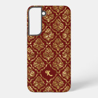 Elegant Metallic Gold Damasks Pattern On Dark Red