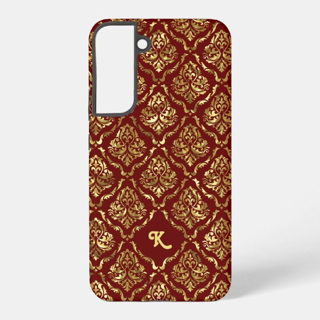 Elegant Metallic Gold Damasks Pattern On Dark Red Samsung Galaxy S22+ Case (Back)