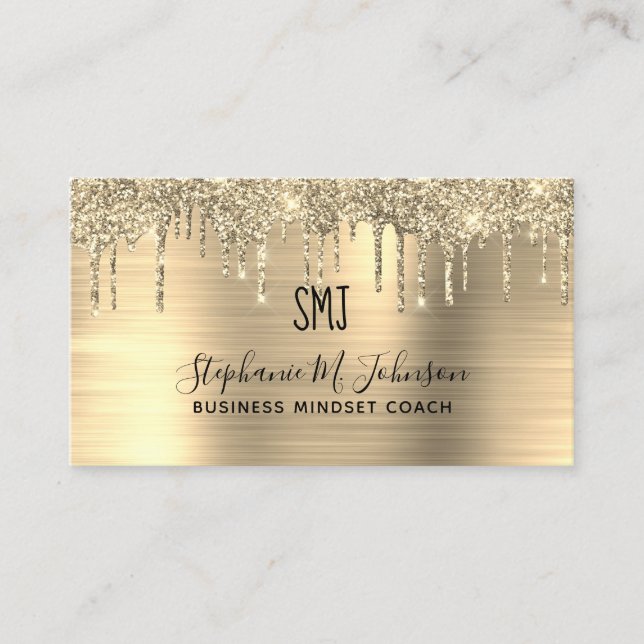 Elegant Metallic Gold Glitter Drip Monogram Logo Business Card (Front)