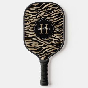 Elegant Metallic Gold Zebra Animal Print Monogram Pickleball Paddle