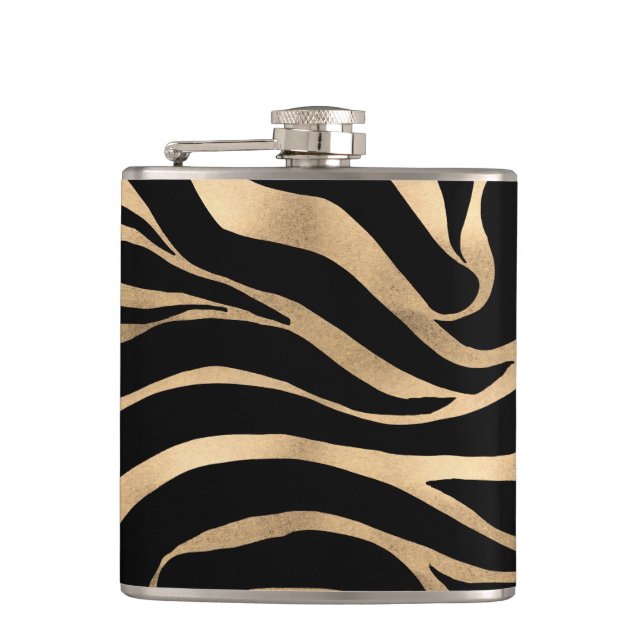 Elegant Metallic Gold Zebra Black Animal Print Hip Flask (Front)