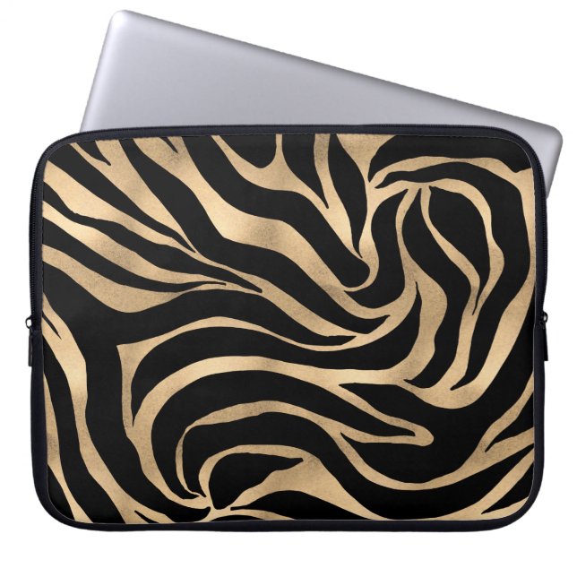 Elegant Metallic Gold Zebra Black Animal Print Laptop Sleeve (Front)