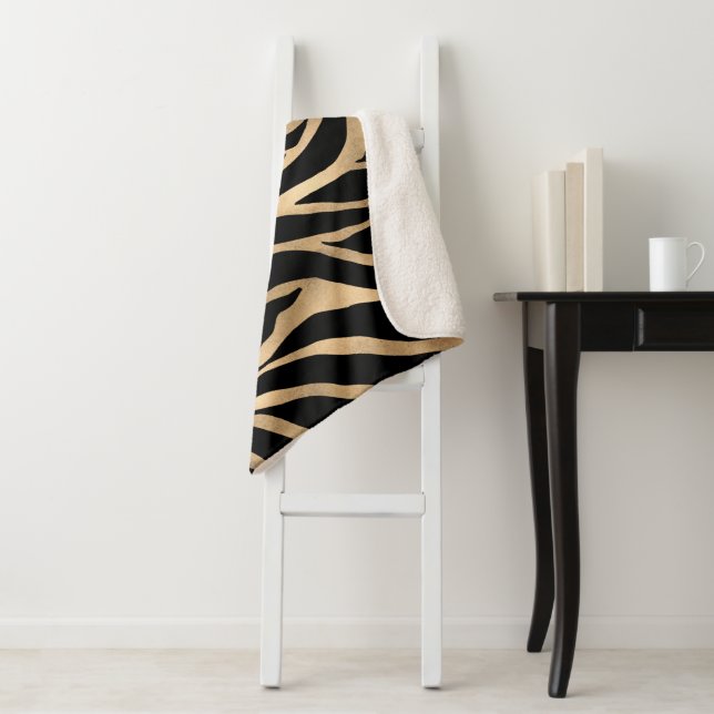 Elegant Metallic Gold Zebra Black Animal Print Sherpa Blanket (In Situ)
