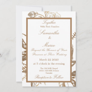 Elegant Metallic Golden Floral White Wedding Invitation