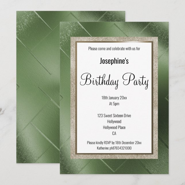 ELEGANT METALLIC GREEN BRONZE PATTERN BIRTHDAY 2 INVITATION (Front/Back)
