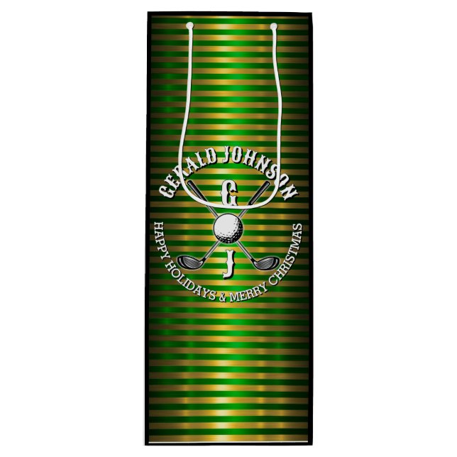 Elegant Metallic Green-Gold Golf Monogram Large Gi Wine Gift Bag (Front)
