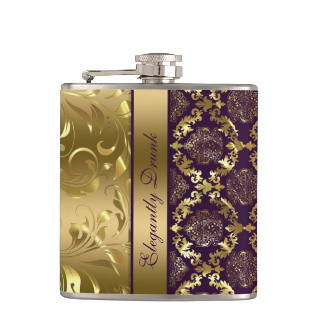 Elegant Metallic Purple & Gold Damasks And Lace 2 Hip Flask (Front)