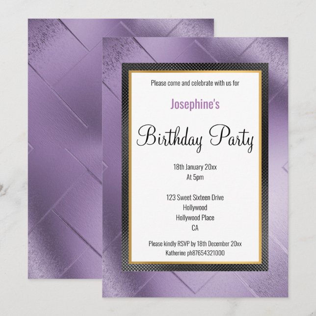 ELEGANT METALLIC PURPLE  GOLD PATTERN BIRTHDAY INVITATION (Front/Back)