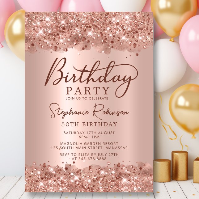Elegant Metallic Rose Gold Glitter 50th Birthday Invitation (Creator Uploaded)