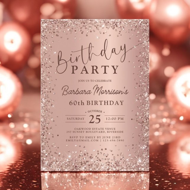 Elegant Metallic Rose Gold Glitter 60th Birthday  Invitation (Creator Uploaded)