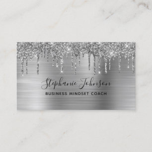 Elegant Metallic Silver Glitter Drip Boss Lady Business Card