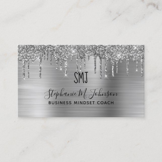 Elegant Metallic Silver Glitter Drip Monogram Logo Business Card (Front)