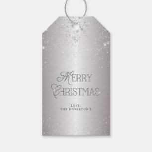 Elegant Metallic Silver Glitter Merry Christmas Gift Tags