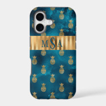 Elegant Metallic Teal Gold Pineapple Monogram