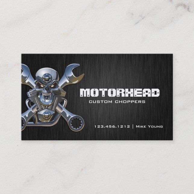 Elegant Metalwork Skull and Wrench Business Card (Front)