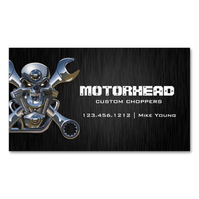 Elegant Metalwork Skull and Wrench Magnetic Business Card (Front)