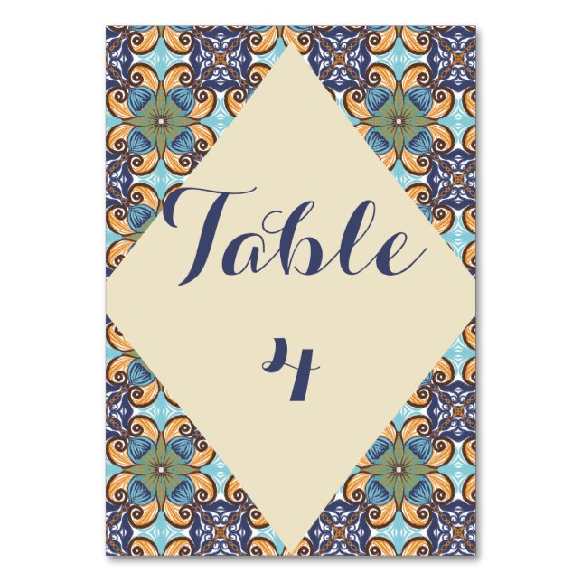 Elegant Mexican Floral Talavera Diamond  Wedding  Table Number (Front)