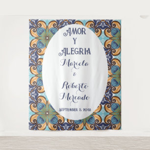 Elegant Mexican Floral Talavera Wedding Backdrop Tapestry