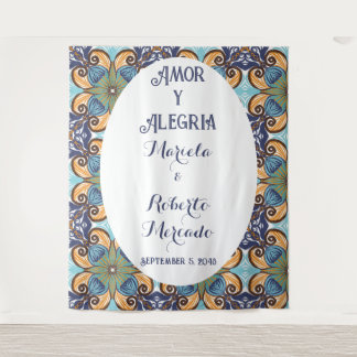 Elegant Mexican Floral Talavera Wedding Backdrop Tapestry
