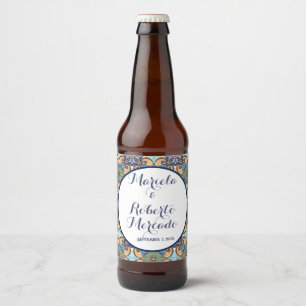 Elegant Mexican Floral Talavera Wedding  Beer Bottle Label