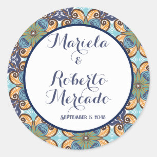Elegant Mexican Floral Talavera Wedding  Classic Round Sticker