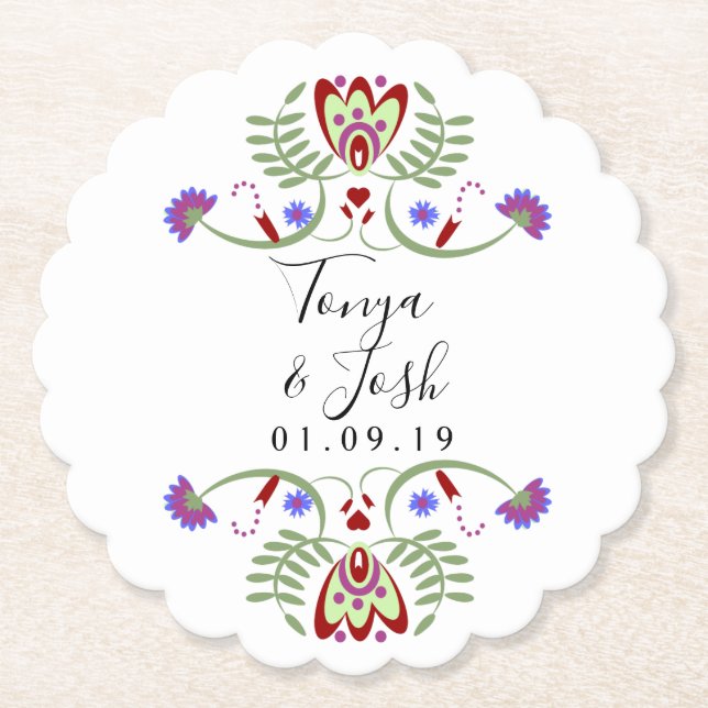 Elegant Mexican Folk Flowers Wedding | Mini Heart Paper Coaster (Front)