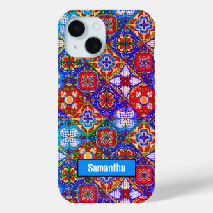Elegant Mexican talavera red blue purple tiles iPhone 15 Case