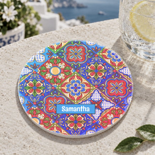 Elegant Mexican talavera red blue purple tiles Coaster