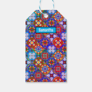 Elegant Mexican talavera red blue purple tiles Gift Tags