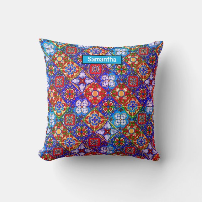 Elegant Mexican talavera red blue purple tiles Throw Pillow (Front)
