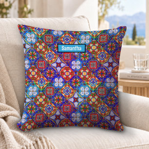Elegant Mexican talavera red blue purple tiles Throw Pillow