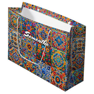 Elegant Mexican talavera red yellow tiles Large Gift Bag