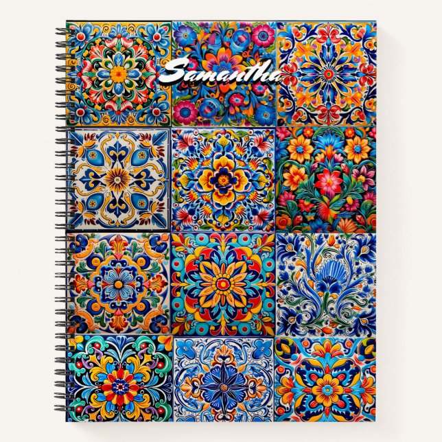 Elegant Mexican talavera red yellow tiles monogram Notebook (Front)