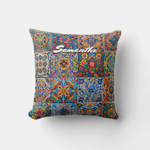 Elegant Mexican talavera red yellow tiles monogram Throw Pillow