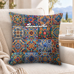 Elegant Mexican talavera red yellow tiles monogram Throw Pillow