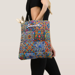 Elegant Mexican talavera red yellow tiles monogram Tote Bag