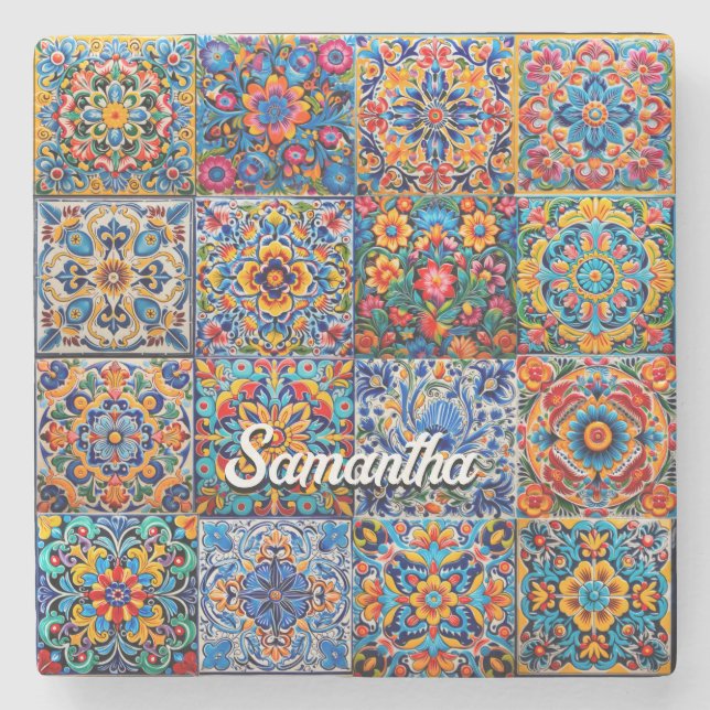 Elegant Mexican talavera red yellow tiles Stone Coaster (Front)